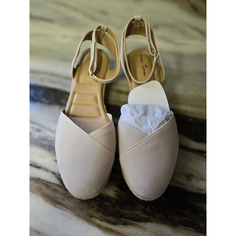 Me Too Nikkie15 Beige Textile Espadrille‎ Wedge Sandals Womens 10M Ankle Strap